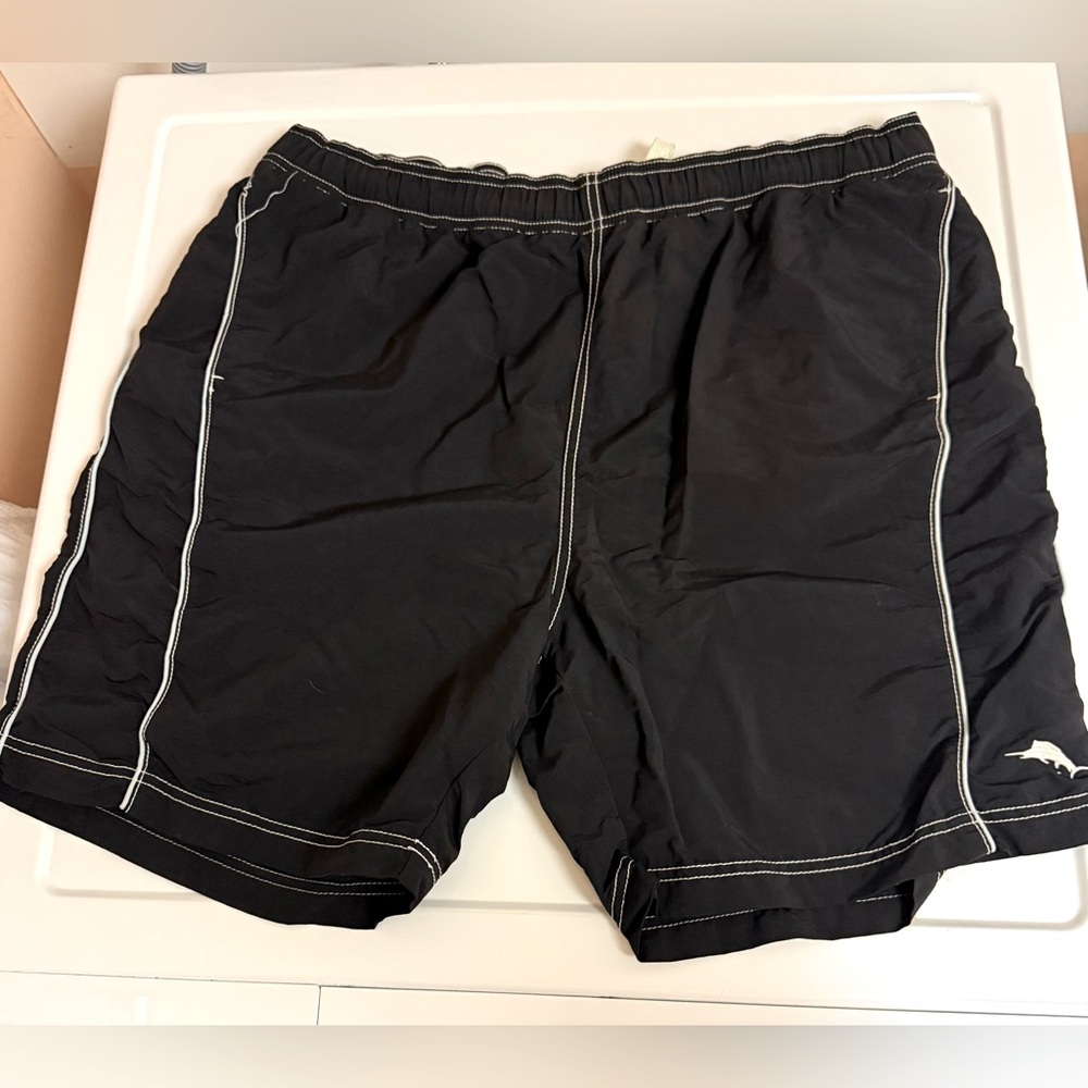 TOMMY BAHAMA men’s swim shorts. Black, white stitching, light blue piping. Sz L